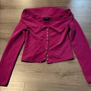 Magenta Button-Up Top with Open Collar Neck